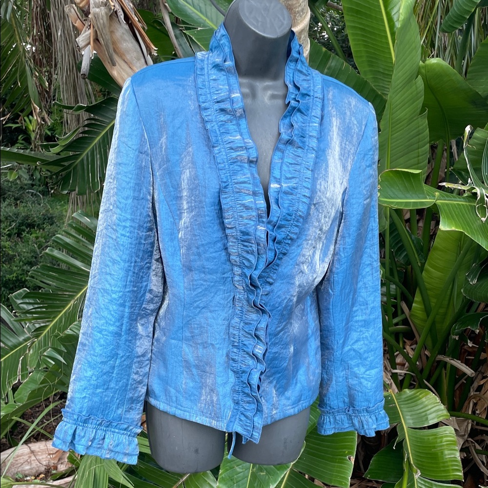 Rafael metallic blue jacket with ruffled trim